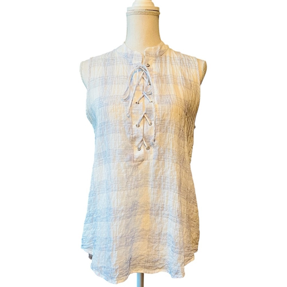 Karlie White & Blue Textured Sleeveless Blouse with Lace-Up Front